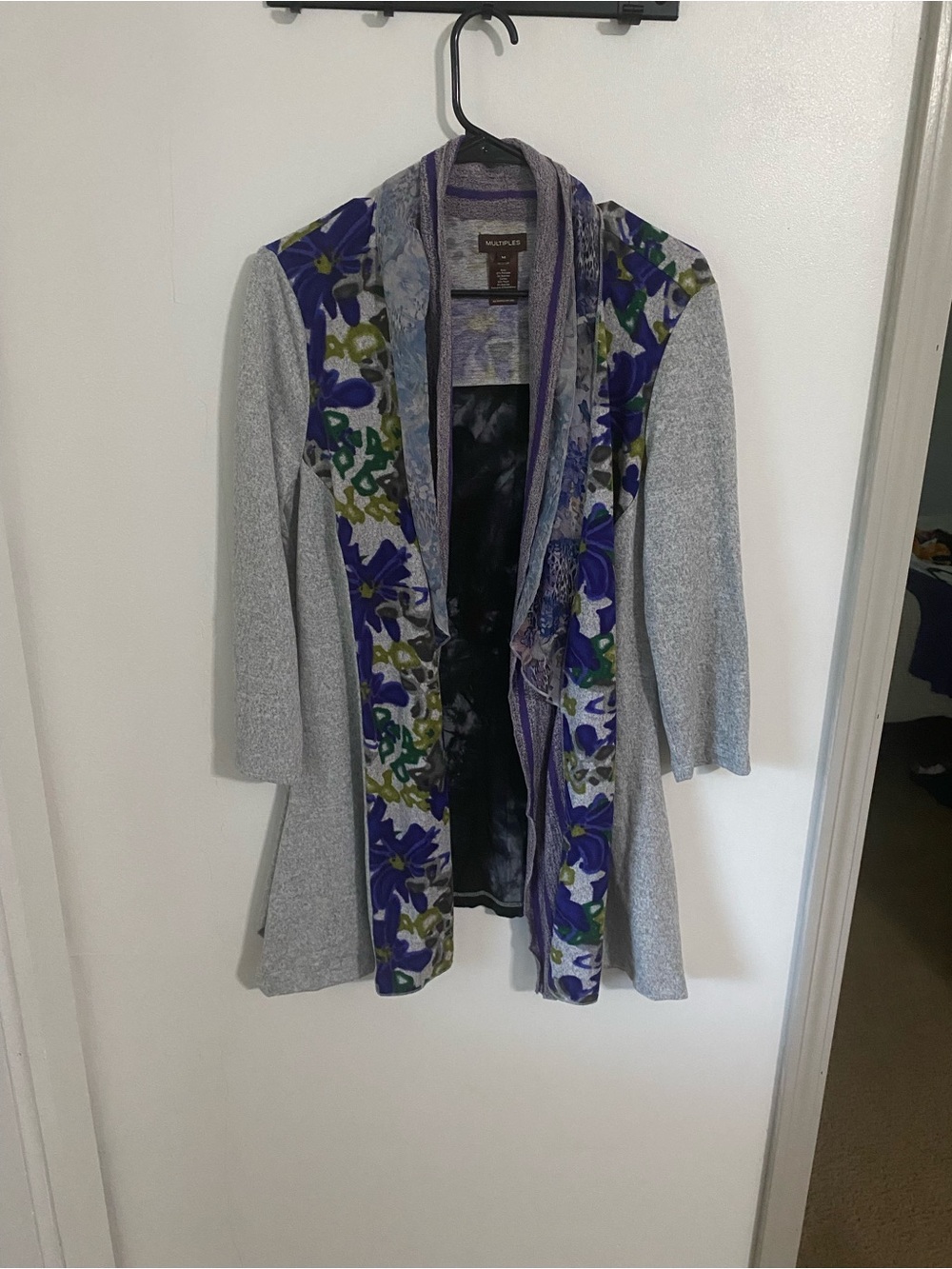 Gray Open-Front Cardigan with Purple Floral Trim 3/4 Sleeves Multiples